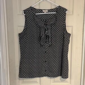 LOFT Black and White Sleeveless Ruffle Button-down Blouse